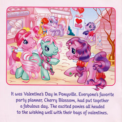 Size: 700x696 | Tagged: safe, artist:lyn fletcher, kimono, minty, pinkie pie (g3), skywishes, sparkleworks, wysteria, earth pony, pony, g3, bag, balloon, bandana, clothes, envelope, female, flower in hat, flower on bag, hat, heart, heart eyes, holiday, letter, mare, party balloon, ponyville (g3), salon, scarf, scrunchie, sign, tree, valentine's day, valentine's day up up and away, wingding eyes