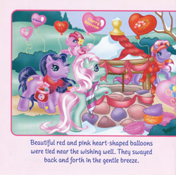 Size: 700x695 | Tagged: safe, artist:lyn fletcher, kimono, minty, pinkie pie (g3), twinkle twirl, pony, g3, bag, balloon, bandana, basket, card, clothes, envelope, flower in hat, handwritten text, hat, headband, heart, heart eyes, holiday, letter, party balloon, scarf, snow, streamers, tree, valentine's day, valentine's day up up and away, well, wingding eyes, yin-yang