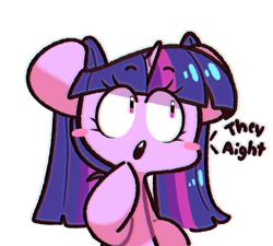 Size: 645x580 | Tagged: safe, artist:sourspot, twilight sparkle, pony, g4, alternate hairstyle, blush sticker, blushing, cute, dialogue, female, mare, no nose, open mouth, pigtails, simple background, solo, twiabetes, twigtails, twintails, white background