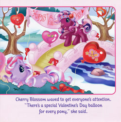 Size: 700x702 | Tagged: safe, artist:lyn fletcher, cherry blossom (g3), wysteria, earth pony, pony, g3, official, balloon, banner, bridge, female, handwritten text, hat, headband, heart, heart eyes, holiday, mare, party balloon, river, rock, scan, starry eyes, stream, streamers, valentine's day, valentine's day up up and away, water, wingding eyes
