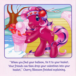 Size: 700x697 | Tagged: safe, artist:lyn fletcher, cherry blossom (g3), earth pony, pony, g3, official, basket, bridge, dexterous hooves, female, headband, holiday, mare, river, scan, snow, starry eyes, stream, streamers, tree, valentine's day, valentine's day up up and away, water, wingding eyes
