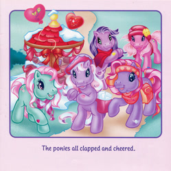 Size: 700x703 | Tagged: safe, artist:lyn fletcher, kimono, minty, pinkie pie (g3), twinkle twirl, wysteria, pony, g3, bag, balloon, bandana, clapping, clothes, envelope, flower in hat, hat, headband, heart, heart eyes, holiday, letter, mailbag, party balloon, path, scarf, snow, sparkly eyes, streamers, valentine's day, valentine's day up up and away, well, wingding eyes