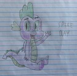 Size: 1388x1376 | Tagged: safe, artist:mr.myoozik, derpibooru exclusive, spike, dragon, g4, baby, baby dragon, cute, eyebrows, fangs, folded wings, green eyes, happy, lined paper, looking at you, male, notebook, open mouth, photo, scales, sitting, smiling, solo, spikabetes, spike day, tail, text, traditional art, waving, waving at you, winged spike, wings