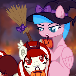 Size: 1000x1000 | Tagged: artist needed, safe, oc, oc:electric television, oc:lollipopsocks, earth pony, pegasus, pony, bow, broom, clothes, costume, demon horns, fangs, halloween, halloween costume, hat, holiday, pumpkin, witch hat