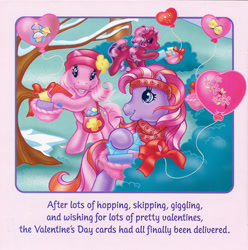 Size: 700x705 | Tagged: safe, artist:lyn fletcher, cherry blossom (g3), pinkie pie (g3), twinkle twirl, earth pony, pony, g3, official, bag, balloon, basket, card, clothes, female, flower in hat, hat, headband, heart, heart eyes, holiday, letter, mare, party balloon, scan, scarf, scrunchie, snow, sparkly eyes, streamers, tree, valentine's day, valentine's day up up and away, wingding eyes