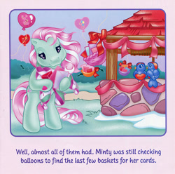 Size: 700x693 | Tagged: safe, artist:lyn fletcher, minty, bird, pony, g3, balloon, basket, card, clothes, envelope, holiday, letter, sad, scarf, streamers, valentine's day, valentine's day up up and away, well