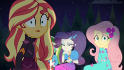 Size: 1334x750 | Tagged: safe, screencap, fluttershy, rainbow dash, rarity, sunset shimmer, equestria girls, equestria girls specials, g4, my little pony equestria girls: better together, my little pony equestria girls: sunset's backstage pass, backstage pass, female, logo, shrunken pupils, what am i even looking at, wide eyes