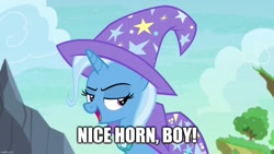 Size: 1280x720 | Tagged: safe, edit, edited screencap, screencap, trixie, pony, unicorn, g4, to change a changeling, caption, female, image macro, implied straight, mare, text, tree