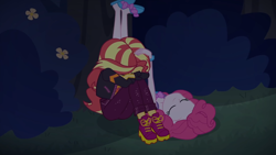 Size: 1334x750 | Tagged: safe, screencap, pinkie pie, sunset shimmer, equestria girls, equestria girls specials, g4, my little pony equestria girls: better together, my little pony equestria girls: sunset's backstage pass, clothes, head pat, night, pat, patting, slippers