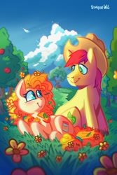 Size: 723x1080 | Tagged: safe, artist:simondrawsstuff, bright mac, pear butter, earth pony, pony, g4, apple, apple tree, female, flower, intertwined tails, looking at you, male, mare, pear tree, ship:brightbutter, shipping, sitting, smiling, stallion, straight, tail, tree