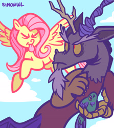 Size: 1828x2047 | Tagged: safe, artist:simondrawsstuff, discord, fluttershy, bird, pegasus, pony, g4, duo, personality swap, tongue out