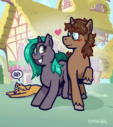 Size: 1828x2047 | Tagged: safe, artist:simondrawsstuff, oc, oc only, dog, pony, unicorn, blushing, butt to butt, butt touch, female, looking at each other, male, mare, oc x oc, shipping, stallion, straight, trio