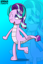 Size: 1031x1521 | Tagged: safe, artist:gradiusfanatic, starlight glimmer, dragon, g4, dragoness, dragonified, fangs, female, glimmerdragon, one eye closed, open mouth, open smile, smiling, solo, species swap