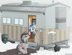 Size: 2889x2233 | Tagged: safe, artist:andaluce, oc, oc only, oc:haze northfleet, oc:star chaser, pegasus, pony, cabin, clothes, high res, lineless, scenery, snow, snowfall, winter