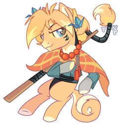 Size: 1300x1350 | Tagged: safe, alternate version, artist:syrikatgrubiyana, oc, oc only, oc:shibonk inu, earth pony, pony, baseball bat, bedroom eyes, belt, cape, clothes, jewelry, looking at you, male, markings, necklace, raised hoof, raised leg, shirt, simple background, solo, staff, stallion, transparent background