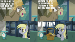 Size: 2000x1125 | Tagged: safe, edit, edited screencap, editor:quoterific, screencap, cranky doodle donkey, derpy hooves, donkey, g4, slice of life (episode), food, muffin