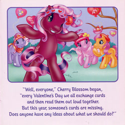 Size: 700x696 | Tagged: safe, artist:lyn fletcher, cherry blossom (g3), pinkie pie (g3), sparkleworks, twinkle twirl, earth pony, pony, g3, official, bag, balloon, basket, card, clothes, envelope, female, flower in hat, hat, headband, holiday, letter, mare, party balloon, scan, scarf, starry eyes, tree, valentine's day, valentine's day up up and away, wingding eyes