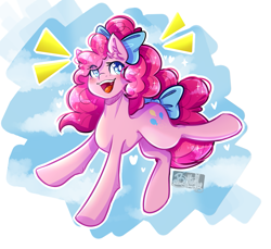 Size: 1077x985 | Tagged: safe, artist:lisagamer456, pinkie pie, earth pony, pony, g4, alternate hairstyle, bow, cloud, colored pupils, cute, diapinkes, ear fluff, female, hair bow, heart, heart eyes, mare, open mouth, sky, solo, tail bow, wingding eyes