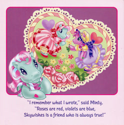 Size: 700x704 | Tagged: safe, artist:lyn fletcher, minty, skywishes, earth pony, pony, g3, bonnet, clothes, dexterous hooves, dress, flower, flower in hoof, heart, holiday, hoof heart, lace, leaves, puffy sleeves, rose, scarf, shipping fuel, shoes, thinking, underhoof, valentine's day, valentine's day up up and away