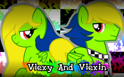 Size: 1600x1000 | Tagged: safe, artist:amgiwolf, oc, oc only, oc:viexy ams, pegasus, pony, abstract background, bedroom eyes, clothes, duo, eyelashes, female, male, mare, necktie, pegasus oc, r63 paradox, raised hoof, self ponidox, smiling, stallion, wings