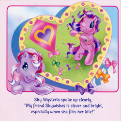 Size: 700x696 | Tagged: safe, artist:lyn fletcher, skywishes, wysteria, earth pony, pony, g3, official, bow, female, hat, heart, heart eyes, holiday, kite, kite flying, mare, scan, shipping fuel, sky, string, that pony sure does love kites, valentine's day, valentine's day up up and away, wingding eyes