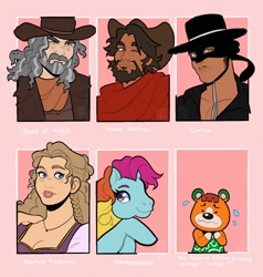 Size: 1740x1831 | Tagged: safe, artist:cow_fool, rainbow dash (g3), bear, earth pony, human, pony, anthro, g3, animal crossing, anthro with ponies, barbie, bust, clothes, crossover, eyelashes, female, hat, jesse mccree, male, mare, mask, nervous sweat, one eye closed, overwatch, pudge, rapunzel, six fanarts, smiling, sweat, sweatdrop, wink, zorro