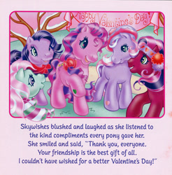 Size: 700x711 | Tagged: safe, artist:heckyeahponyscans, artist:lyn fletcher, cherry blossom (g3), kimono, minty, skywishes, wysteria, earth pony, pony, g3, official, alternate hairstyle, bandana, banner, clothes, female, handwritten text, hat, headband, heart, heart eyes, holiday, mare, scarf, scrunchie, smiling, snow, starry eyes, tree, valentine's day, valentine's day up up and away, wingding eyes