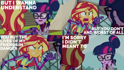 Size: 2000x1125 | Tagged: safe, edit, edited screencap, editor:quoterific, screencap, sci-twi, sunset shimmer, twilight sparkle, equestria girls, g4, my little pony equestria girls: friendship games, angry, crying, image macro, sunset yells at twilight