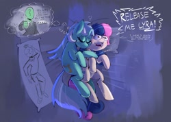 Size: 2225x1587 | Tagged: safe, artist:another_pony, bon bon, lyra heartstrings, sweetie drops, oc, oc:anon, earth pony, human, pony, unicorn, g4, body pillow, cuddling, dialogue, dream, female, heart, human fetish, implied bisexual, lesbian, pillow, ship:lyrabon, shipping, sleeping, that pony sure does love humans, wide eyes