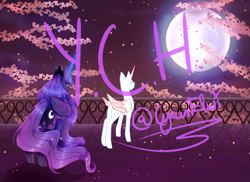 Size: 2871x2088 | Tagged: safe, artist:minelvi, princess luna, oc, alicorn, pony, g4, alicorn oc, butt, commission, female, full moon, glowing horn, high res, horn, jewelry, magic, mare, moon, night, outdoors, plot, stars, telekinesis, tiara, wings, your character here