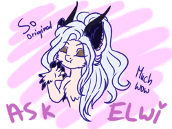 Size: 1400x1050 | Tagged: safe, artist:minelvi, oc, oc only, oc:elwi, hybrid, anthro, abstract background, ask, bust, chest fluff, eyes closed, female, horns, smiling, solo