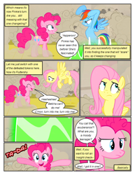 Size: 612x792 | Tagged: safe, artist:newbiespud, edit, edited screencap, screencap, fluttershy, pinkie pie, rainbow dash, earth pony, pegasus, pony, comic:friendship is dragons, g4, ball of violence, bust, comic, dialogue, disguise, disguised changeling, eyelashes, eyeroll, female, flying, frown, mare, rearing, screencap comic, smiling, unamused