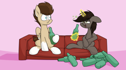 Size: 2810x1563 | Tagged: safe, artist:moonatik, oc, oc:ivy, oc:skittle, pegasus, pony, unicorn, alcohol, beer, bottle, bubble, commission, confused, couch, drunk, drunk bubbles, female, glass, magic, male, mare, oc x oc, shipping, simple background, skivy, smiling, stallion, straight