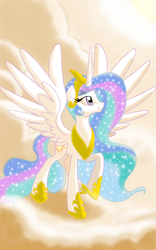 Size: 1200x1920 | Tagged: safe, artist:theroyalprincesses, princess celestia, alicorn, pony, g4, cloud, crown, ethereal mane, female, hoof shoes, jewelry, mare, on a cloud, raised hoof, regalia, solo, spread wings, wings