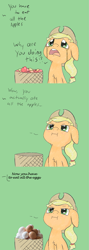 Size: 715x2007 | Tagged: safe, artist:happy harvey, edit, applejack, earth pony, pony, g4, :i, angry, apple, applejack's hat, basket, chest fluff, cowboy hat, crying, cute, dialogue, egg, floppy ears, food, fuck you i can eat all these apples, glare, green background, hat, implied stuffing, jackabetes, looking up, madorable, meme, offscreen character, open mouth, out of character, raised eyebrow, simple background, solo, stuffed, stuffed belly, stuffing, you have to eat all the eggs