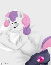 Size: 1100x1400 | Tagged: safe, artist:rockhoppr3, sweetie belle, unicorn, semi-anthro, g4, arm hooves, clothes, cutie mark, cutie mark on clothes, eyes closed, lying down, pajamas, panties, pants, partial nudity, pillow, sleeping, solo, topless, we don't normally wear clothes