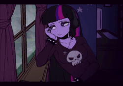 Size: 1000x698 | Tagged: safe, artist:nairdags, sci-twi, twilight sparkle, equestria girls, animated, bracelet, clothes, collar, cross, cross necklace, goth, headphones, jewelry, lofi, looking out the window, necklace, rain, solo, sound, spiked wristband, webm, wristband