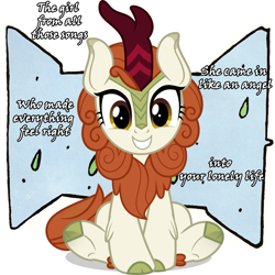 Size: 1577x1577 | Tagged: safe, artist:jhayarr23, edit, vector edit, autumn blaze, kirin, g4, awwtumn blaze, cute, evidence of autumn, female, genesis, grin, looking at you, lyrics, sitting, smiling, solo, song reference, text, vector