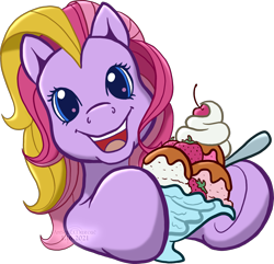 Size: 1814x1746 | Tagged: safe, artist:anscathmarcach, triple treat, earth pony, pony, g3, cherry, chocolate syrup, commission, fanart, female, food, i can't believe it's not hasbro studios, ice cream, looking at you, mare, open mouth, open smile, simple background, smiling, smiling at you, solo, spoon, strawberry, sundae, transparent background