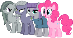 Size: 3411x1758 | Tagged: safe, artist:thebosscamacho, limestone pie, marble pie, maud pie, pinkie pie, earth pony, pony, g4, eyeshadow, female, group, high res, looking at each other, makeup, mare, open mouth, open smile, pie sisters, quartet, raised hoof, siblings, simple background, sisters, smiling, transparent background, vector, when she smiles