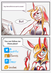 Size: 1240x1754 | Tagged: safe, artist:ero-bee, oc, oc only, oc:ero-bee, unicorn, anthro, 2 panel comic, boob window, bracelet, bust, clothes, comic, computer, eyelashes, female, glasses, hair over one eye, heart shaped boob window, horn, jewelry, open mouth, peace sign, smiling, talking, tumblr 2018 nsfw purge, unicorn oc