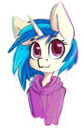 Size: 490x749 | Tagged: safe, artist:laptopdj, dj pon-3, vinyl scratch, pony, unicorn, g4, bust, clothes, female, hoodie, looking at you, mare, simple background, smiling, solo, white background