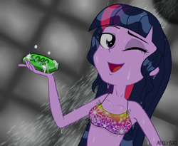 Size: 1657x1356 | Tagged: safe, alternate version, artist:mikeyboo, sci-twi, twilight sparkle, equestria girls, g4, bikini top, clothes, one eye closed, shower, sleeveless, soap, solo, swimsuit, wet, wink