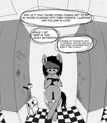 Size: 1200x1382 | Tagged: safe, artist:owlnon, oc, oc:miss eri, comic:drowning lessons, bag, but why, monochrome, saddle bag, sitting on toilet, toilet
