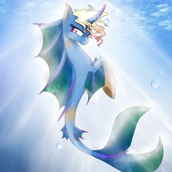 Size: 1024x1024 | Tagged: safe, artist:emalajiss36, oc, oc only, merpony, sea pony, seapony (g4), unicorn, bubble, crepuscular rays, digital art, dorsal fin, eyelashes, fins, fish tail, gills, horn, ocean, pink eyes, seaponified, smiling, solo, species swap, sunlight, swimming, tail, underwater, water
