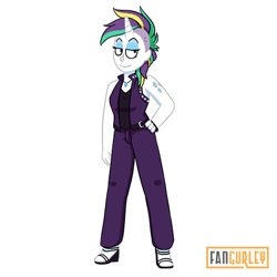 Size: 650x650 | Tagged: safe, artist:fangurley, rarity, human, equestria girls, g4, alternate hairstyle, clothes, female, hand on hip, horn, horned humanization, humanized, pants, punk, raripunk, simple background, smiling, solo, white background