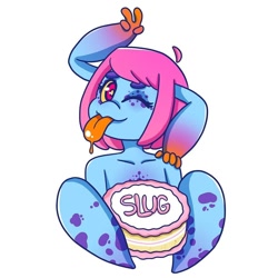 Size: 1000x1000 | Tagged: safe, artist:fangurley, oc, oc only, oc:cteno, monster pony, anthro, bust, cake, female, food, one eye closed, simple background, solo, tongue out, white background, wink