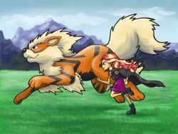 Size: 2048x1536 | Tagged: safe, artist:catscratchpaper, sunset shimmer, arcanine, dog, equestria girls, g4, commission, pokémon, running