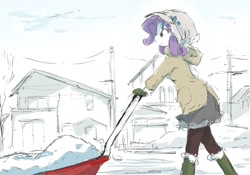 Size: 2000x1400 | Tagged: safe, artist:fuyugi, rarity, equestria girls, g4, boots, female, hat, house, shoes, slice of life, snow, snow sled, solo