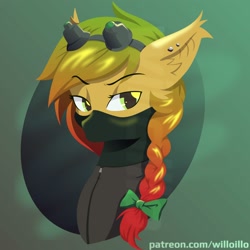 Size: 2000x2000 | Tagged: safe, artist:willoillo, oc, oc only, bat pony, pony, bat pony oc, braid, bust, clothes, ear piercing, goggles, high res, piercing, solo